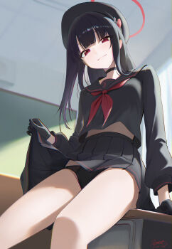 Rule 34 | 1girl, absurdres, black choker, black gloves, black hair, black hat, black panties, black sailor collar, black serafuku, black skirt, blue archive, blush, chalkboard, choker, closed mouth, clothes lift, commentary request, desk, fritz614, from below, gloves, halo, hat, highres, indoors, justice task force member (blue archive), lifting own clothes, long hair, long sleeves, looking at viewer, neckerchief, on desk, panties, red eyes, red halo, red neckerchief, sailor collar, school desk, school uniform, serafuku, sitting, skirt, skirt lift, smile, solo, underwear