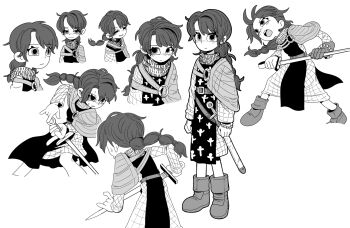 1girl belt boots bracelet buckle commentary_request dress expressionless full_body gambeson greyscale highres holding holding_sword holding_weapon jewelry medieval monochrome multi-tied_hair multiple_expressions o-ring open_mouth original parted_hair round_teeth sheath sheathed side_cape simple_background smile solo standing sumirechan_(lalah7th) surcoat sword teeth weapon white_background