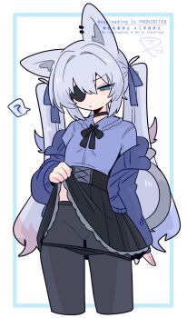 1boy ? animal_ear_fluff animal_ear_piercing animal_ears black_bow black_bowtie black_choker black_panties black_pantyhose black_skirt blue_bow blue_cardigan blue_eyes blue_shirt bow bowtie cardigan choker clothes_lift commentary cowboy_shot crossdressing crossdressing_(mtf) dot_nose english_commentary eyepatch frown grey_tail hair_between_eyes hair_bow high-waist_skirt highres light_blush long_hair long_sleeves looking_down midriff_peek miniskirt off-shoulder_sweater off_shoulder op_na_yarou open_cardigan open_clothes original panties panties_over_pantyhose panty_pull pantyhose pleated_skirt puffy_sleeves purple_hair rigel_(op_na_yarou) shirt sidelocks simple_background skirt skirt_lift solo speech_bubble spoken_question_mark standing sweater tail trap twintails underwear very_long_hair watermark white_background