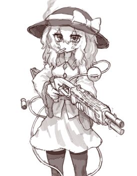 Rule 34 | 1girl, blush, bow, breasts, buttons, cigarette, collared shirt, commentary, diamond button, eyeball, greyscale, gun, hat, hat bow, heart, heart-shaped pupils, highres, holding, holding gun, holding weapon, komeiji koishi, korean commentary, long hair, long sleeves, looking at viewer, medium breasts, monochrome, pump action, rampa93, shell casing, shirt, shotgun, skirt, smoking, solo, spas-12, symbol-shaped pupils, thighhighs, third eye, touhou, weapon, wide sleeves