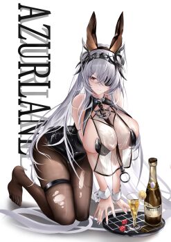 1girl absurdres animal_ears azur_lane bare_shoulders black_leotard bottle breast_curtain breasts brown_pantyhose chinese_commentary copyright_name dice eyepatch fake_animal_ears fritz_rumey_(azur_lane) fritz_rumey_(schwarzes_kaninchen)_(azur_lane) highres huge_breasts iue_(pixiv_95802465) leotard long_hair official_alternate_costume pantyhose playboy_bunny rabbit_ears red_eyes see-through_breast_curtain see-through_clothes simple_background thigh_strap torn_clothes torn_pantyhose v_arms very_long_hair white_background white_hair white_wrist_cuffs wrist_cuffs