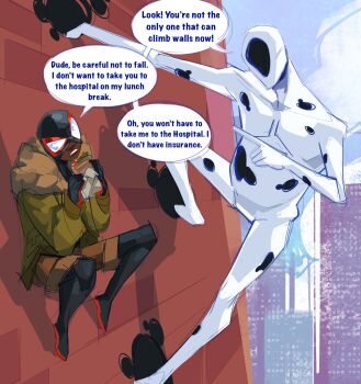 2boys bodysuit food highres hole_in_head jacket marvel miles_morales multicolored_bodysuit multiple_boys portal_(object) print_bodysuit spider-man:_across_the_spider-verse spider-man_(miles_morales) spider-man_(series) spider-verse spot_(marvel) stitchedspider superhero_costume two-tone_bodysuit