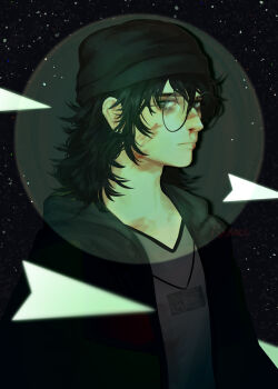 Rule 34 | 1boy, absurdres, bags under eyes, beanie, black-framed eyewear, black hair, black hat, blood, blood on face, blood on neck, closed mouth, dr kel (voices of the void), ear piercing, earrings, fishmoochi, hair between eyes, hat, highres, jacket, jewelry, lanyard, long hair, looking at viewer, looking to the side, male focus, night, nosebleed, piercing, portrait, sky, solo, spotlight, star (sky), starry sky, voices of the void