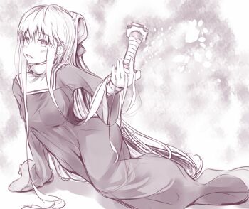 1girl arm_support blush breasts check_commentary commentary commentary_request dress full_body greyscale hair_between_eyes hand_up holding laura_stuart light_smile long_dress long_hair long_sidelocks long_sleeves looking_at_viewer medium_breasts medium_eyebrows monochrome open_mouth shin_(highest1192) sidelocks solo toaru_majutsu_no_index toaru_majutsu_no_index:_old_testament very_long_hair very_long_sidelocks