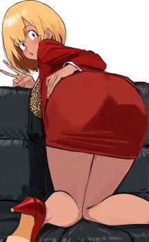 1girl :o absurdres animal_print ass ayatak0517 bent_over blazer blonde_hair blush breasts commentary_request couch dark-skinned_female dark_skin fingernails formal_clothes gyaru hand_on_own_hip high_heels highres jacket komi-san_wa_komyushou_desu large_breasts leopard_print long_fingernails looking_at_viewer looking_back manbagi_rumiko miniskirt nail_polish open_clothes open_jacket pencil_skirt print_shirt red_jacket red_shoes red_skirt red_suit shirt shoes short_hair skirt skirt_suit solo suit tan v white_background