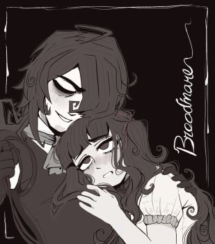 1boy 1girl bags_under_eyes brown_background brown_eyes brown_hair brown_vest closed_eyes facial_hair father_and_daughter hairband hand_on_another's_shoulder hetero holding holding_leash hug incest leash long_hair nokota_(roseary) original puffy_short_sleeves puffy_sleeves red_hairband red_ribbon ribbon roseary ryder_(roseary) short_hair short_sleeves smile stubble teeth twintails vest