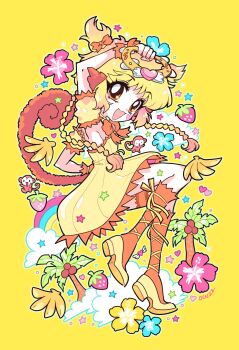 :3 animal_ears banana blonde_hair braid cloud coconut coconut_tree dress eyelashes flower fong_pudding food fruit happy heart hibiscus high_heels highres holding magical_girl mew_pudding monkey monkey_ears monkey_girl monkey_tail oceaninspace open_mouth orange_eyes palm_tree rainbow smile socks strawberry tail tokyo_mew_mew tree twin_braids yellow_background yellow_dress yellow_theme