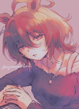 1girl agnes_tachyon_(casual)_(umamusume) agnes_tachyon_(umamusume) agoumauma2 ahoge animal_ears bare_shoulders bra_strap breasts brown_hair casual chemical_structure collarbone earrings hair_between_eyes highres horse_ears horse_girl huge_ahoge jewelry long_sleeves looking_at_viewer medium_hair necklace off-shoulder_shirt off-shoulder_sweater off_shoulder parted_lips purple_shirt purple_sweater red_eyes shirt single_earring solo sweater umamusume upper_body