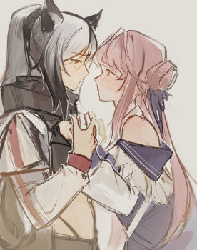 Rule 34 | 2girls, absurdres, animal ears, arknights, blue dress, blush, cat ears, ceylon (arknights), closed mouth, commentary, dress, eye contact, from side, grey background, grey hair, hair bun, highres, holding hands, jacket, long hair, long sleeves, looking at another, midriff, multiple girls, nia (xinyanfanclub), off shoulder, pink hair, ponytail, profile, schwarz (arknights), simple background, single side bun, white jacket, yuri