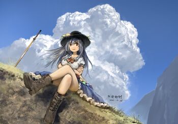 1girl artist_name black_hat blue_hair blue_sky boots bow bowtie breasts brown_boots closed_mouth cloud commentary crossed_arms crossed_legs dated day frilled_skirt frills hat hat_ornament highres hinanawi_tenshi lace-up_boots leaf_hat_ornament long_hair looking_at_viewer outdoors peach_hat_ornament planted planted_sword planted_weapon puffy_short_sleeves puffy_sleeves rainbow_order red_bow red_bowtie red_eyes shirt short_sleeves skirt sky smile solo sword sword_of_hisou touhou weapon white_shirt zhuxie1264852