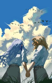 Rule 34 | 2girls, absurdres, bang dream!, bang dream! it's mygo!!!!!, bird, blonde hair, blue hair, blue ribbon, cloud, commentary, cumulonimbus cloud, from below, grass, hair ribbon, hashtag-only commentary, highres, holding hands, long hair, medium hair, misumi uika, multiple girls, putaooking, ribbon, shirt, sky, togawa sakiko, white shirt