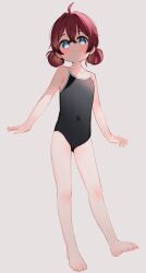 Rule 34 | 1girl, absurdres, ahoge, bare arms, bare legs, bare shoulders, barefoot, black one-piece swimsuit, blue eyes, blush, closed mouth, collarbone, covered navel, double bun, fang, fang out, full body, grey background, hair between eyes, hair bun, hair intakes, highres, meito (maze), one-piece swimsuit, original, red hair, simple background, solo, standing, swimsuit