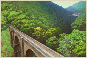 border bridge brown_border commentary_request day forest gunma_prefecture landscape mountain mugumo_24k nature no_humans original outdoors ravine real_world_location revision scenery sky train tree