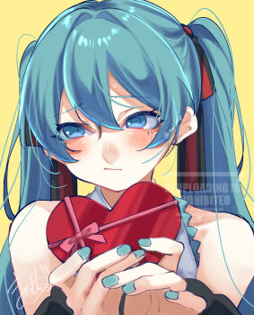 Rule 34 | 1girl, absurdres, aqua eyes, aqua hair, aqua nails, blush, box, closed mouth, commentary request, fingernails, gift, gift box, hair between eyes, hatsune miku, heart-shaped box, highres, holding, holding box, long hair, mai mugi, nail polish, shirt, signature, sleeveless, sleeveless shirt, solo, twintails, valentine, very long hair, vocaloid, watermark