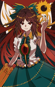 1girl arm_cannon bird_wings black_sun bow breasts brown_eyes brown_hair cape collared_shirt commentary_request control_rod_(touhou) cowboy_shot frilled_shirt_collar frills green_bow green_nails green_skirt hair_bow highres long_hair long_sleeves looking_at_viewer neka_(_nekaka_) puffy_short_sleeves puffy_sleeves reiuji_utsuho shirt short_sleeves skirt small_breasts smile solo sun third_eye third_eye_on_chest touhou very_long_hair weapon white_cape white_shirt wings