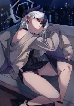1girl black_dress black_hair black_horns black_panties blue_archive closed_mouth commentary crotch_seam dress fu-ta grey_halo groin halo highres horns kayoko_(blue_archive) kayoko_(dress)_(blue_archive) lace lace-trimmed_panties lace_trim medium_hair multicolored_hair official_alternate_costume panties red_eyes sitting slight_blush solo thighs two-tone_hair underwear white_hair