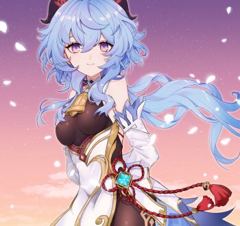 1girl ahoge arms_behind_back bare_shoulders bell black_bodysuit black_gloves black_legwear blue_hair blush bodystocking bodysuit bow breasts chinese_knot commentary_request covered_navel cowbell curled_horns detached_sleeves dot_nose eyelashes feet_out_of_frame flower_knot ganyu_(genshin_impact) genshin_impact gloves goat_horns gold_trim gradient_background hair_between_eyes highres horns jewelry lips long_hair looking_at_viewer low_ponytail medium_breasts neck_bell outstretched_arm petals ponytail red_rope rope sidelocks sleeveless smile solo standing sushi_171 tassel thighlet vision_(genshin_impact) wide_sleeves