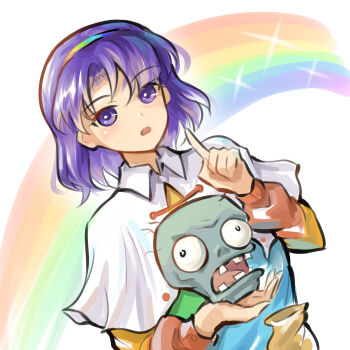 1girl capelet commentary disembodied_head dutch_angle edz_drawz english_commentary hairband highres index_finger_raised looking_at_viewer multicolored_hairband plants_vs._zombies purple_eyes purple_hair rainbow short_hair solo tenkyuu_chimata touhou upper_body white_background white_capelet zombie zombie_(plants_vs._zombies)