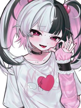 1girl black_choker black_hair blunt_bangs blush bridge_piercing choker collarbone collarbone_piercing colored_inner_hair commentary commission elbow_gloves english_commentary face_piercing fangs finger_to_cheek fingerless_gloves gloves half-heart_hands hand_up heart heart-shaped_pupils heart_print highres indie_virtual_youtuber looking_at_viewer lower_eyelashes_only multicolored_hair nail_polish pale_skin parted_lips piercing pink_eyes pink_gloves pink_hair pink_pupils red_nails second-party_source shiara shirt simple_background solo split-color_hair striped_clothes striped_gloves symbol-shaped_pupils t-shirt thumb_to_cheek tongue tongue_out twintails upper_body white_background white_hair white_shirt winged_heart_print xx_raruko