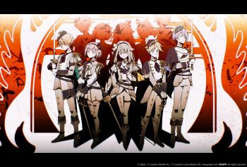 2girls 3boys ascot asymmetrical_sidelocks bicorne bird black_ascot black_capelet black_hat blonde_hair blue_eyes blue_hair blunt_bangs boku_no_kamisama_(vocaloid) bow_hairband buttons capelet coat colorful_palette commentary_request double-breasted epaulettes gold_trim green_hair guest_art hairband hand_on_own_chest hat highres holding holding_sword holding_weapon kagamine_len kamishiro_rui kusanagi_nene leaning_on_weapon multicolored_hair multiple_boys multiple_girls official_alternate_costume official_art ootori_emu orange_eyes pants pink_eyes pink_hair project_sekai purple_eyes purple_hair sega shadow short_coat sidelocks sidu_(dsd_kgn) silhouette single_epaulette spiked_hair streaked_hair sunset swept_bangs sword tenma_tsukasa the_power_of_regret_(project_sekai) two-handed_sword weapon white_ascot white_capelet white_coat white_footwear white_pants wonderlands_x_showtime_len yellow_eyes