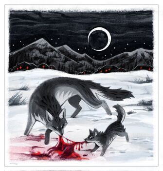2others blood blood_on_snow body_fur bone border commentary crescent_moon dated eating english_commentary entrails fox highres kitty_(fernwhisker) moon mountainous_horizon multiple_others night organs original red_light signature sky snow star_(sky) white_border winter wolf