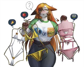 1girl ? animal_ears asya_(kmnsaur) bell bikini black_pants blush breasts cat_ears cat_girl commentary cowboy_shot dress emoji furry furry_female green_eyes green_sleeves hair_between_eyes half-closed_eyes hands_up holding holding_unworn_clothes jingle_bell kmnsaur large_breasts long_hair looking_at_object orange_hair original pants parted_lips pink_dress print_shirt russian_commentary shirt short_sleeves simple_background snout solo speech_bubble spoken_question_mark swimsuit unworn_bikini very_long_hair virgin_destroyer_sweater white_background white_bikini white_shirt yellow_bikini