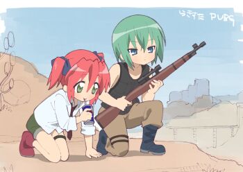 absurdres beer_can black_boots blue_eyes boots brown_pants can dress_shirt drink_can drinking drinking_straw expressionless green_eyes green_hair green_shorts gun highres holding holding_gun holding_weapon iwasaki_minami kobayakawa_yutaka lucky_star pants playerunknown&#039;s_battlegrounds red_hair red_shoes shirt shoes short_hair short_twintails shorts sketch_background smile surume_(hir0ndelle) twintails unfinished weapon