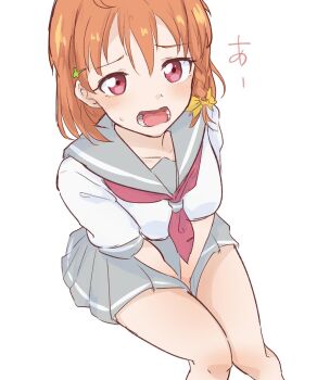 Rule 34 | 1girl, blush, bow, braid, braided sidelock, breasts, clover hair ornament, dental filling, dot nose, embarrassed, from above, grey sailor collar, grey skirt, hair bow, hair ornament, hairclip, highres, inlay, invisible chair, looking at viewer, love live!, love live! sunshine!!, mouth focus, neckerchief, open mouth, orange hair, parallel fleet, pleated skirt, raised inner eyebrows, realistic teeth, red neckerchief, sailor collar, school uniform, serafuku, shirt, short hair, short sleeves, sitting, skirt, solo, summer uniform, takami chika, tongue, uranohoshi school uniform, white shirt, yellow bow