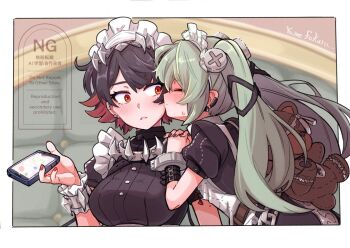 2girls animal_bag apron artist_name bear_bag black_dress black_hair blush breasts closed_eyes colored_inner_hair commentary_request corin_wickes dress earclip earrings ellen_joe frilled_wristband green_hair hairband holding holding_phone jewelry kiss kissing_cheek large_breasts looking_at_another looking_at_viewer maid maid_apron maid_headdress metal_hairband multicolored_hair multiple_girls parted_lips phone purple_nails razor_blade_hair_ornament red_nails screw_hair_ornament shark_girl short_hair spiked_headband sweatdrop twintails white_apron yumefukura yuri zenless_zone_zero