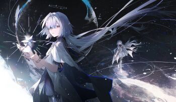 1girl absurdres cheonyeon-hi closed_mouth commentary dress english_commentary grey_hair halo hands_up highres jacket long_hair mornye_(wuthering_waves) multiple_views purple_dress red_eyes see-through_body white_jacket wuthering_waves