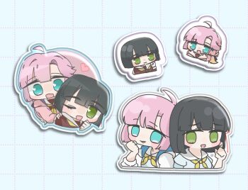 Rule 34 | 2girls, :d, ahoge, anyoji hime, black hair, black ribbon, blue dress, blue eyes, blunt bangs, blunt ends, bob cut, brown dress, commentary request, dotted line, dress, green eyes, grid background, hair ribbon, hasu no sora school uniform, heart, highres, hood, hooded jacket, jacket, link! like! love live!, long sleeves, love live!, mihasu ll, momose ginko, multi-tied hair, multiple girls, multiple views, neckerchief, open clothes, open jacket, open mouth, pink hair, pink jacket, ponytail, puffy short sleeves, puffy sleeves, ribbon, sailor collar, sailor dress, school uniform, short hair, short sleeves, smile, summer uniform, virtual youtuber, white jacket, white sailor collar, winter uniform, yellow neckerchief