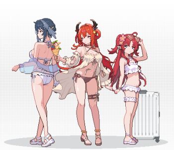 ahoge arknights bare_shoulders bikini black_bikini black_hair breasts cleavage criss-cross_halter demon_horns detached_sleeves eyewear_on_head feather_hair food frilled_bikini frilled_thigh_strap frills from_behind gamepix green_eyes hair_ornament hair_rings halterneck hashtag-only_commentary heart heart-shaped_eyewear holding holding_food holding_ice_cream holding_ice_cream_cone horns ice_cream ice_cream_cone jacket jacket_partially_removed jewelry la_pluma_(arknights) la_pluma_(summer_flowers)_(arknights) long_hair medium_breasts multiple_girls myrtle_(arknights) myrtle_(summer_flowers)_(arknights) navel necklace official_alternate_costume pixel_art pointy_ears purple_eyes red_hair rolling_suitcase sandals see-through_clothes see-through_jacket shell shell_necklace side-tie_bikini_bottom standing star_(symbol) star_hair_ornament stomach suitcase surtr_(arknights) surtr_(colorful_wonderland)_(arknights) swimsuit swimsuit_cover-up thigh_strap white_bikini