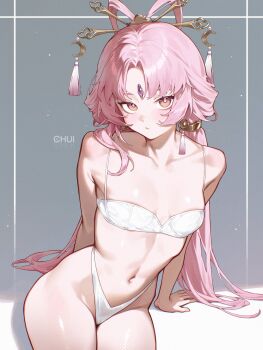 1girl arm_support arms_behind_back blush bow-shaped_hair bra breasts chui_art closed_mouth commentary feixianji_(hairstyle) forehead_jewel fu_xuan_(honkai:_star_rail) grey_background hair_ornament hair_rings hair_stick highres honkai:_star_rail honkai_(series) looking_at_viewer low_twintails navel panties parted_bangs pink_eyes pink_hair sitting small_breasts solo stomach twintails underwear underwear_only white_bra white_panties