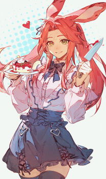 1girl absurdres animal_ears black_thighhighs blue_bow blue_bowtie blue_skirt bow bowtie cake cake_slice chinese_commentary commentary_request cowboy_shot crow0cc final_fantasy final_fantasy_xiv food green_eyes grin heart highres holding holding_knife holding_plate knife long_hair long_sleeves looking_at_viewer mole mole_under_eye moogle plate rabbit_ears shirt skirt smile solo thighhighs viera warrior_of_light_(ff14) white_shirt zettai_ryouiki