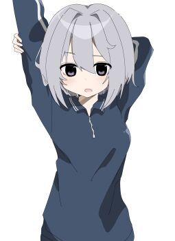 1girl :o arm_up blue_shirt breasts character_request check_character grey_eyes grey_hair hand_on_own_arm highres konno_junko open_mouth shirt simple_background solo upper_body uuuuua07 white_background zombie_land_saga