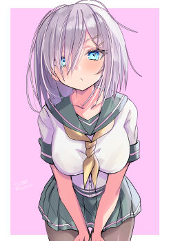 1girl :&lt; absurdres black_pantyhose blue_eyes blush border breasts cowboy_shot grey_hair grey_sailor_collar grey_skirt hair_ornament hair_over_one_eye hairclip hamakaze_(kancolle) highres hizaka kantai_collection large_breasts looking_at_viewer neckerchief pantyhose pink_background pleated_skirt sailor_collar school_uniform serafuku short_hair short_sleeves skirt solo white_border yellow_neckerchief