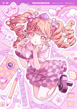 1girl :o brown_eyes brown_hair cellphone character_name commentary_request drill_hair ear_piercing earrings floating floating_hair full_body hair_ribbon hat highres himekaidou_hatate holding holding_phone jewelry looking_at_viewer nail_polish nanaha_(aischtle) necktie parted_lips phone piercing pink_shirt plaid_clothes plaid_skirt platform_shoes pointy_ears purple_skirt ribbon ring shirt short_sleeves skirt solo tokin_hat touhou twin_drills