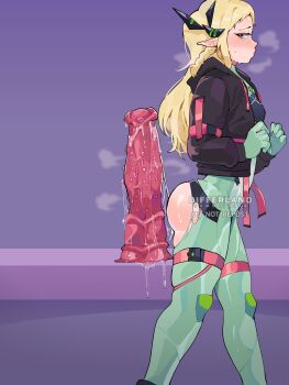 1girl absurdres after_insertion ass black_jacket blonde_hair blush bodysuit commentary commission diforland dildo dildo_reveal dragon_dildo elf english_commentary flat_chest from_side green_bodysuit green_eyes hair_ornament highres huge_dildo jacket long_hair no_panties original pointy_ears pussy_juice sex_toy solo thigh_strap torn_bodysuit torn_clothes walking_away
