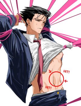 0307rebl 1boy absurdres ace_attorney bdsm biting_own_lip black_hair blue_jacket blue_pants bondage bound commentary_request highres jacket korean_commentary male_focus meme midriff_peek necktie nipple_slip nipples pants phoenix_wright red_arrow_and_circle_(meme) red_circle shirt sweat white_background white_shirt