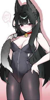 1girl absurdres alternate_costume anal_beads anal_tail animal_ear_fluff animal_ears bell black_hair black_leotard black_pantyhose blunt_bangs blush braid breasts butt_plug choker cleavage closed_mouth covered_navel cropped_legs drop_shadow extra_ears fake_tail fox_ears fox_girl gradient_background hand_on_own_hip highres holding hoshimi_miyabi jingle_bell leotard long_hair looking_at_viewer medium_breasts neck_bell pantyhose pink_background red_choker red_eyes sex_toy sima.ani solo strapless strapless_leotard sweat tail v-shaped_eyebrows white_background zenless_zone_zero