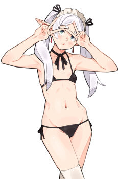 absurdres aqua_eyes armpits arms_up bikini black_choker black_ribbon blush breasts choker collarbone double_v earrings frieren grey_hair highres jewelry looking_at_viewer maid_headdress micro_bikini navel neck_ribbon open_mouth parted_bangs pointy_ears ribbon ribbon_choker sattinittas side-tie_bikini_bottom simple_background small_breasts sousou_no_frieren swimsuit thighhighs twintails v white_background white_thighhighs