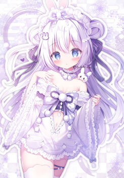 1girl animal_ears bad_tag bare_shoulders blue_eyes blush breasts double_bun dress hair_bun hair_ornament highres japanese_clothes long_hair maid_headdress navel off_shoulder original rabbit rabbit_ears ribbon solo thigh_strap thighhighs virtual_youtuber white_hair white_thighhighs wide_sleeves yuduki_pdx