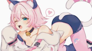 1girl animal_ear_fluff animal_ears animal_hood arched_back bare_shoulders bell black_choker blue_eyes blue_leg_warmers blue_shorts blush breasts cat cat_ears cat_girl cat_hood cat_tail catrin_glitch choker cleavage collarbone commentary crossed_bangs fortnite hair_between_eyes heart highres hood hooded_track_jacket jacket jacket_partially_removed kurerin leg_warmers median_furrow medium_breasts midriff neck_bell one_eye_closed open_mouth pantyhose pink_hair pink_pantyhose short_hair shorts simple_background sleeves_past_wrists solo spoken_heart striped_tail tail teeth tongue track_jacket upper_teeth_only white_background white_cat white_jacket white_tail yawning