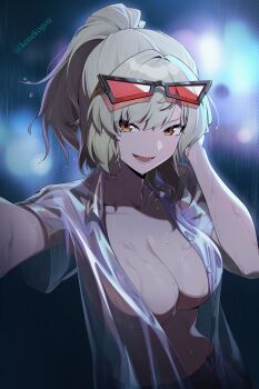 1girl ai-assisted alternate_hairstyle blonde_hair blurry bokeh breasts burnice_white cleavage collared_shirt dark depth_of_field eyewear_on_head hand_on_own_head highres konekogou large_breasts looking_at_viewer lower_teeth_only navel open_clothes open_mouth open_shirt outdoors ponytail rain red-tinted_eyewear red_eyes see-through_clothes see-through_shirt selfie shirt smile solo sunglasses teeth tinted_eyewear wet white_shirt zenless_zone_zero