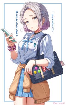 1girl absurdres bag black_choker blue_eyes blue_ribbon blue_skirt braid brown_cardigan cardigan cardigan_around_waist cellphone chain chain_bracelet character_charm charm_(object) choker clothes_around_waist commentary_request cosplay fingernails forehead gakuen_idolmaster gradient_hair grey_hair gyaru hair_ribbon half_up_braid hatsuboshi_gakuen_school_uniform highres holding holding_phone idolmaster jewelry katsuragi_lilja kogal looking_at_viewer loose_neck_ribbon multicolored_hair nail_polish neck_ribbon open_collar phone pink_hair pleated_skirt puff_of_air ribbon ribbon_braid ring school_bag school_uniform scrunchie shirt shiun_sumika shiun_sumika_(cosplay) short_hair skirt smartphone solo translation_request twitter_username white_background white_shirt wrist_scrunchie yugao_(kam_pom37)