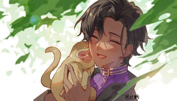 1boy animal animal_on_shoulder arjuna_(fate) black_hair blush closed_eyes dark-skinned_male dark_skin fate/grand_order fate_(series) hair_between_eyes highres male_focus monkey open_mouth shirt short_hair smile solo sqloveraven upper_body