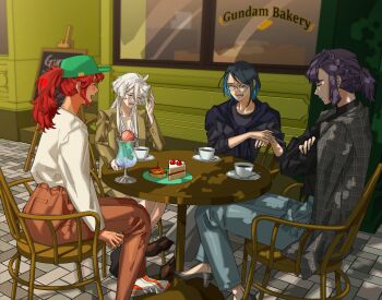 4girls absurdres black_hair braid cake cake_slice chair closed_eyes coat coat_on_shoulders commentary_request crossed_arms cup dappled_sunlight day food glasses gundam gundam_suisei_no_majo high_heels highres jacket korean_commentary long_hair miorine_rembran multiple_girls nika_nanaura on_chair one_eye_closed open_mouth outdoors pants parfait ponytail purple_hair red_hair sabina_fardin shoes sitting smile snapagi sneakers suletta_mercury sunlight table talking tea teacup visor_cap white_hair