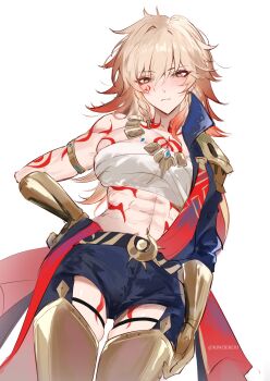 1girl abs absurdres arm_tattoo armlet armored_boots blonde_hair boots braid breast_tattoo breasts chest_sarashi cleavage closed_mouth commentary cowboy_shot english_commentary facial_tattoo frown gauntlets genderswap genderswap_(mtf) gold_armlet gradient_hair hair_between_eyes hand_on_own_hip highres honkai:_star_rail honkai_(series) jewelry kinoerou large_breasts leg_tattoo long_hair looking_at_viewer looking_down multicolored_hair mydei_(honkai:_star_rail) red_hair red_tattoo sarashi side_braid single_bare_shoulder single_braid solo tattoo thigh_boots toned toned_female twitter_username yellow_eyes