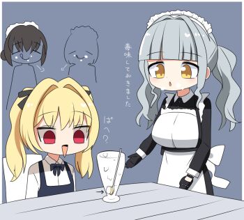 4girls :q apron black_bow black_bowtie black_dress black_gloves blonde_hair blunt_bangs bow bowtie collared_shirt commentary_request dolphin_wave dress empty_eyes gloves grey_background grey_hair kazami_ellen lets0020 long_hair maid maid_headdress multiple_girls nagato_mei open_mouth red_eyes shirt short_hair spoon table tongue tongue_out translation_request twintails upper_body white_apron white_shirt