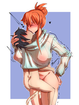 1boy 1girl absurdres age_difference ass blush bottomless breasts cleavage closed_eyes clothed_female_nude_male clothed_on_nude clothed_sex cum cum_in_pussy elementary_school_age happy_sex hetero highres huge_breasts kiss long_hair moaning naked_sweater nami_(one_piece) no_bra no_panties no_pants nonochton nude one_piece onee-shota orgasm partially_undressed ponytail saliva see-through_clothes see-through_shirt sex shirt short_hair shota smile standing standing_missionary standing_sex sweater teenage_girl_and_younger_boy trembling vaginal wide_hips